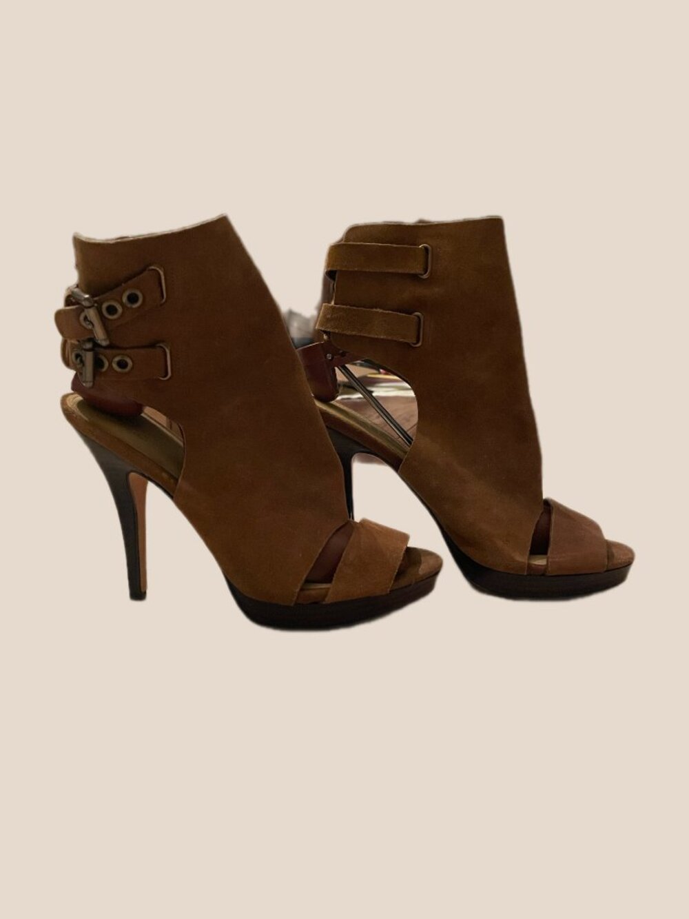 Coach Analeigh Cognac Suede Open Toe Ankle Boot, Size 7 B EUC